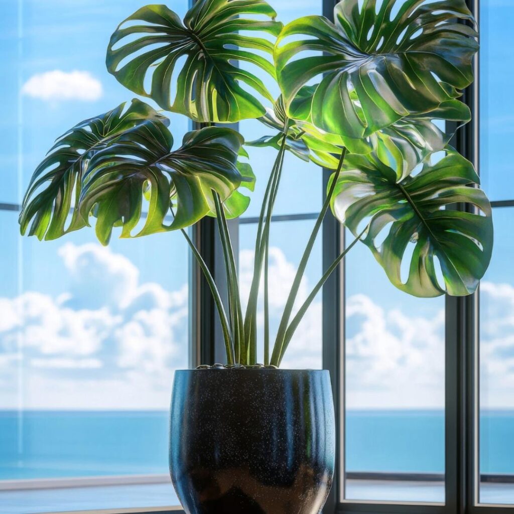 Large low light indoor plants in a shaded living room corner
